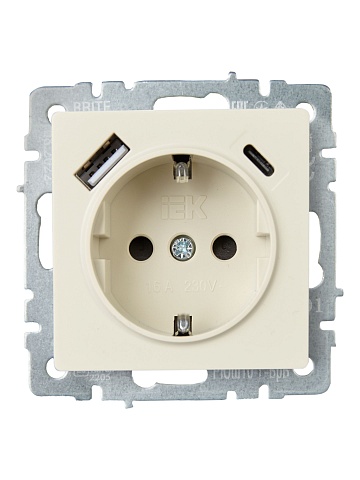 IEK BRITE Роз. с з/к/ш 16А с USB A+C 18Вт РЮш11-1-БрКр беж.