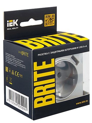 IEK BRITE Роз. с з/к/ш 16А с USB A+A 2,1А РЮш10-1-БрА алюм.
