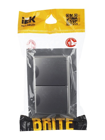 IEK BRITE Розетка 2-местная с заземлением с защитными шторками и крышкой 16А в сборе IP44 РСбш12-3-44-БрС сталь