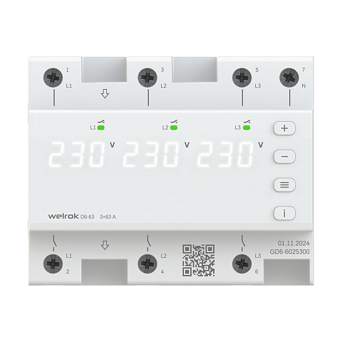 Welrok D6-63 Реле напряжения 3 х 63 А (max 3 х 80 A) 3 х 14 490 ВА