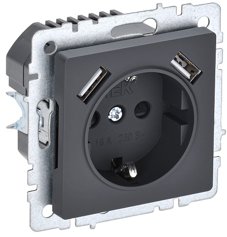 IEK BRITE Роз. с з/к/ш 16А с USB A+A 2,1А РЮш10-1-БрГ граф.