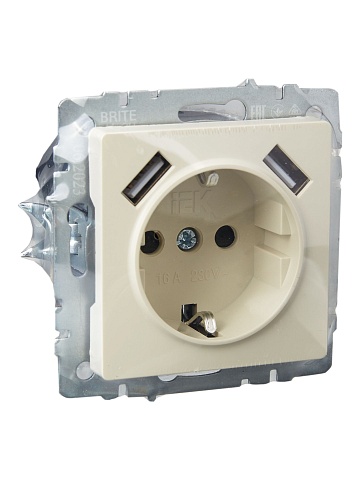 IEK BRITE Роз. с з/к/ш 16А с USB A+A 2,1А РЮш10-1-БрКр беж.