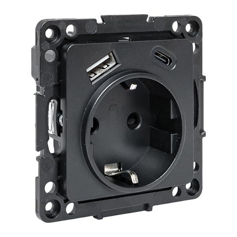 EKF Стокгольм Механизм Розетки 1-местной с/з, USB A+C 16А винтовые клеммы черный с защ. штор..