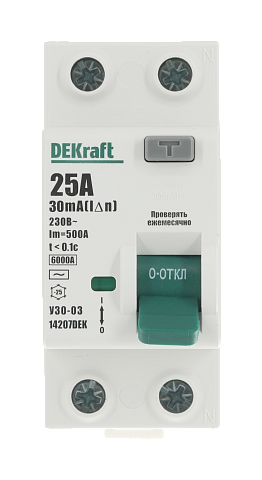 Dekraft Выключатель дифференциального тока (УЗО) 2P 25А 30мА тип AC 6кА УЗО-03
