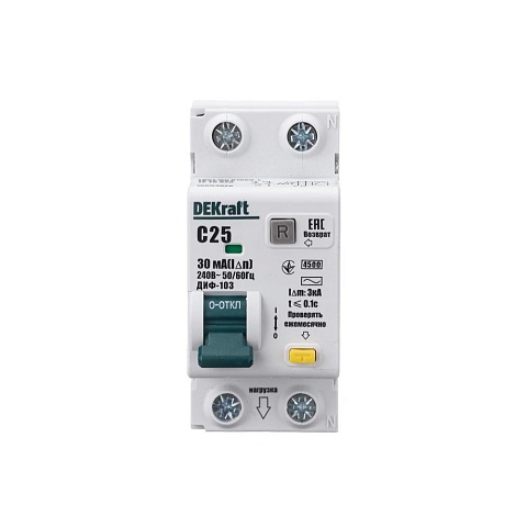 Dekraft Дифференциальный автомат (АВДТ) 1Р+N 25А 30мА тип AC х-ка C ДИФ-103 4.5кА