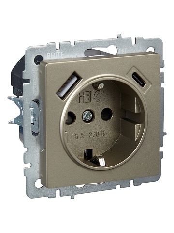 IEK BRITE Роз. с з/к/ш 16А с USB A+C 18Вт РЮш11-1-БрШ шамп.