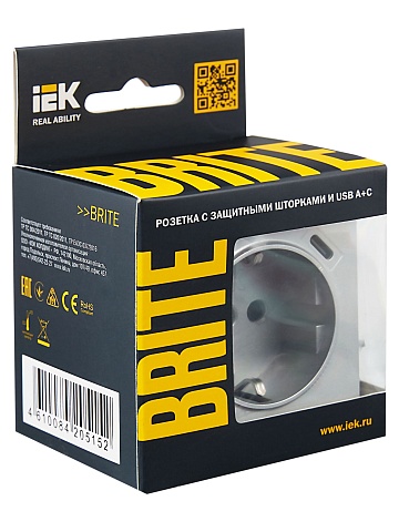 IEK BRITE Роз. с з/к/ш 16А с USB A+C 18Вт РЮш11-1-БрА алюм.