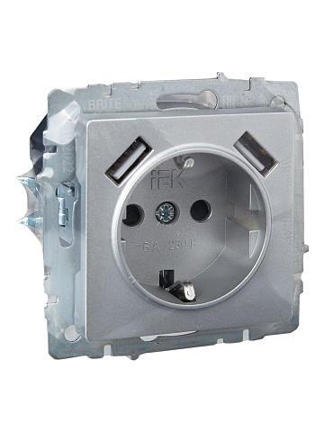 IEK BRITE Роз. с з/к/ш 16А с USB A+A 3,1А РЮш10-2-БрА алюм.