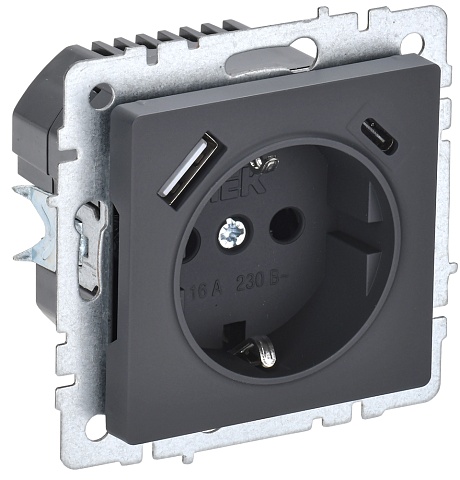 IEK BRITE Роз. с з/к/ш 16А с USB A+C 18Вт РЮш11-1-БрГ граф.