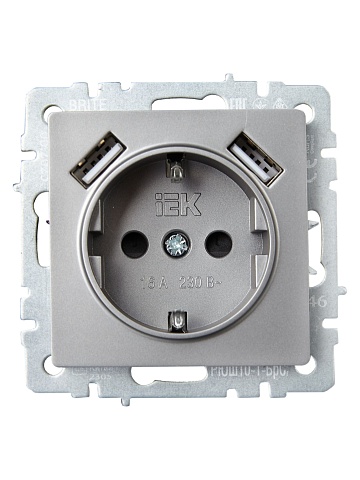 IEK BRITE Роз. с з/к/ш 16А с USB A+A 2,1А РЮш10-1-БрС сталь