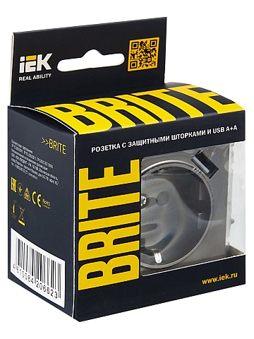 IEK BRITE Роз. с з/к/ш 16А с USB A+A 3,1А РЮш10-2-БрС сталь