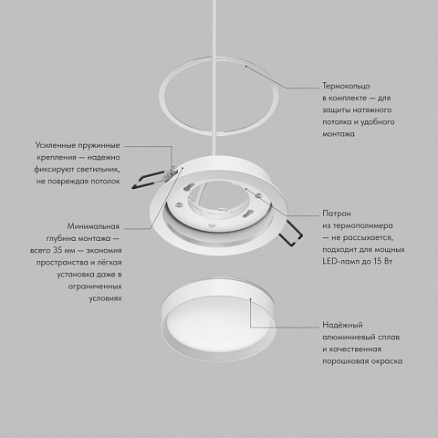 Denkirs DK-DH2000-WH Встраиваемый светильник RATIO, GX53, до 15 Вт, LED, IP20, белый, алюминий, акрил