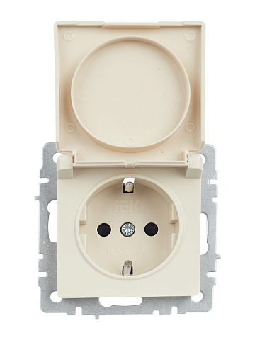 IEK BRITE Розетка 1-местная с заземлением с защитными шторками и крышкой 16А IP44 РСбш10-3-44-БрКр бежевый