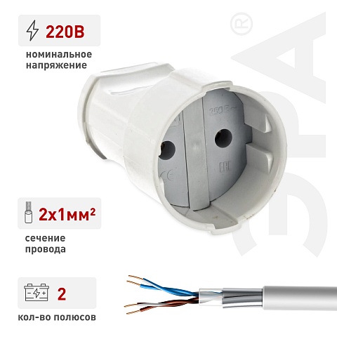 ЭРА Розетка Rx1-W кабельная без заземления прямая 10A белая