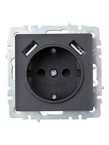 IEK BRITE Роз. с з/к/ш 16А с USB A+A 2,1А РЮш10-1-БрГ граф.