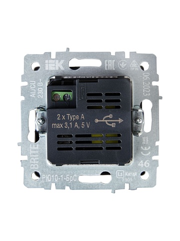 IEK BRITE Роз. USB A+A 3,1А РЮ10-1-БрС сталь