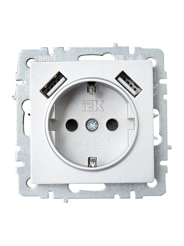 IEK BRITE Роз. с з/к/ш 16А с USB A+A 3,1А РЮш10-2-БрА алюм.