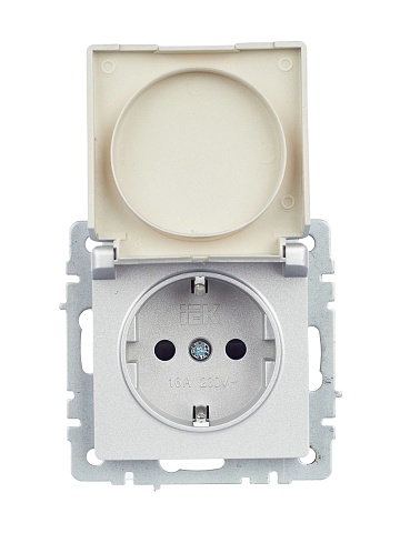 IEK BRITE Розетка 1-местная с заземлением с защитными шторками и крышкой 16А IP44 РСбш10-3-44-БрА алюминий