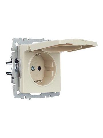IEK BRITE Розетка 1-местная с заземлением с защитными шторками и крышкой 16А IP44 РСбш10-3-44-БрКр бежевый