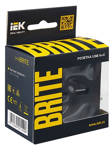 IEK BRITE Роз. USB A+C 18Вт РЮ11-1-БрГ граф.
