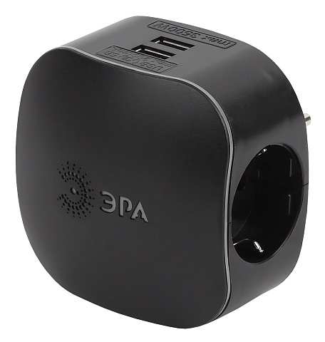 ЭРА Разветвитель электрический SP-3e-USB-BLACK на 3 розетки + 2 USB с заземлением со шторками 16А черный