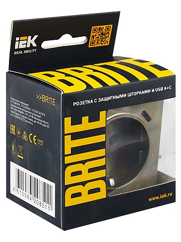 IEK BRITE Роз. с з/к/ш 16А с USB A+C 18Вт РЮш11-1-БрШ шамп.