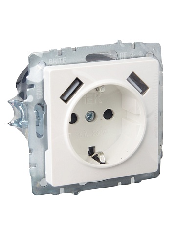 IEK BRITE Роз. с з/к/ш 16А с USB A+A 3,1А РЮш10-2-БрЖ жемч.