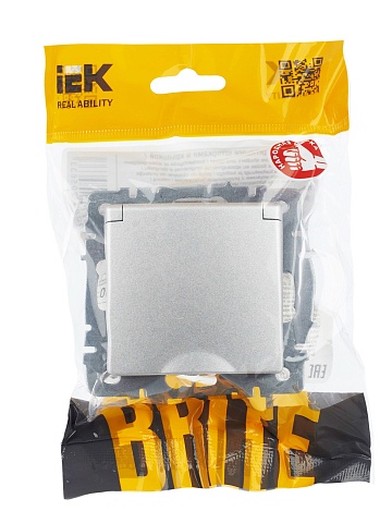IEK BRITE Розетка 1-местная с заземлением с защитными шторками и крышкой 16А IP44 РСбш10-3-44-БрА алюминий