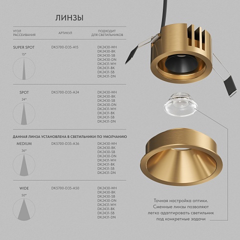 Denkirs DK2431-SB Встраиваемый светильник SHINE GLOW 15Вт, 3000-4000К, IP20, сатин. латунь, алюминий