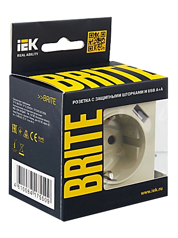 IEK BRITE Роз. с з/к/ш 16А с USB A+A 2,1А РЮш10-1-БрКр беж.