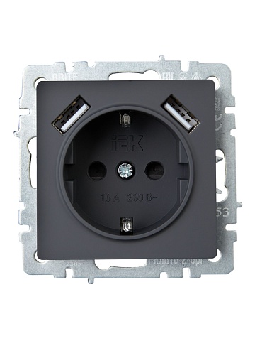 IEK BRITE Роз. с з/к/ш 16А с USB A+A 3,1А РЮш10-2-БрГ граф.