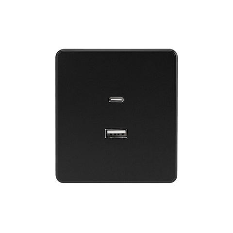 KRANZ ROUND Розетка USB-A+Type-C 3А с функцией быстрой зарядки оникс , с 1-пост. рамкой