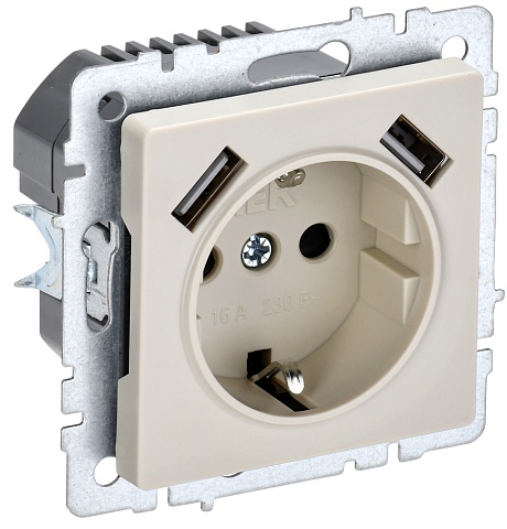 IEK BRITE Роз. с з/к/ш 16А с USB A+A 2,1А РЮш10-1-БрКр беж.