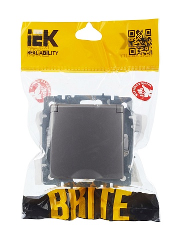 IEK BRITE Розетка 1-местная с заземлением с защитными шторками и крышкой 16А IP44 РСбш10-3-44-БрС сталь