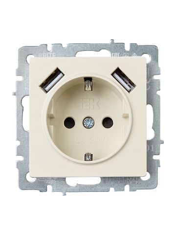 IEK BRITE Роз. с з/к/ш 16А с USB A+A 2,1А РЮш10-1-БрКр беж.