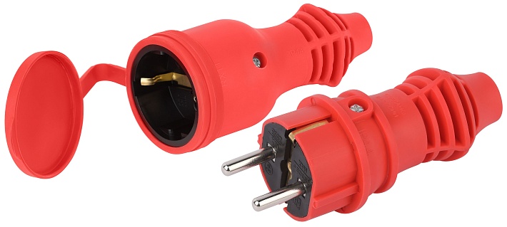 Набор вилка+розетка ЭРА VX13-R-IP44 + RX11-R-IP44 каучуковые c заземлением 16А IP44 прямые красные