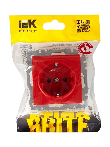 IEK BRITE Красная Розетка 1-местная с заземлением с защитными шторками 16А РС14-1-0-БрК