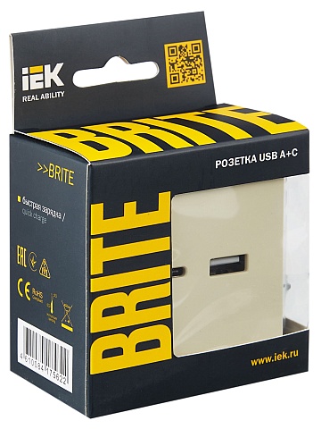 IEK BRITE Роз. USB A+C 18Вт РЮ11-1-БрКр беж.
