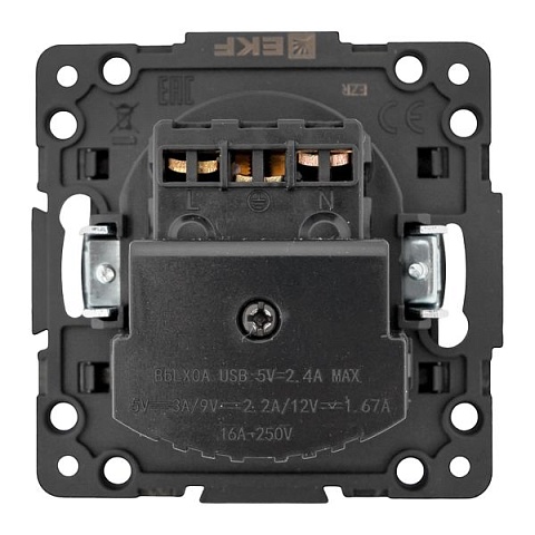 EKF Стокгольм Механизм Розетки 1-местной с/з, USB 2A 16А винтовые клеммы черный с защ. штор..