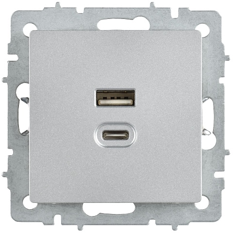 IEK BRITE Роз. USB A+C 45Вт высокоск. зар. РЮ11-2-БрА алюм.
