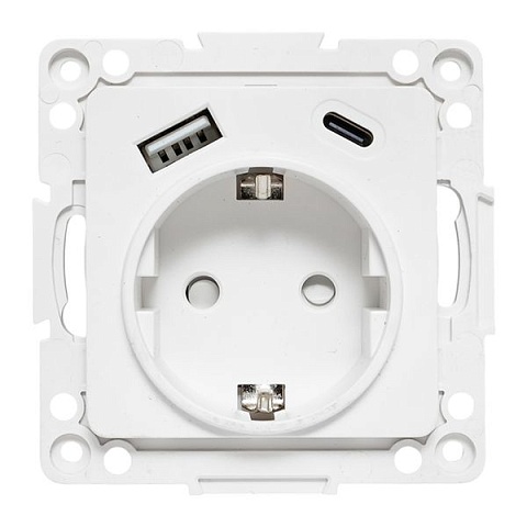 EKF Стокгольм Механизм Розетки 1-местной с/з, USB A+C 16А винтовые клеммы белый с защ. штор..