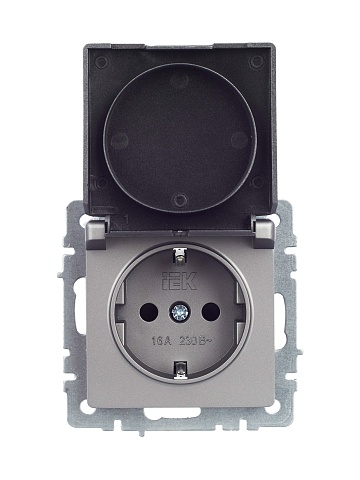 IEK BRITE Розетка 1-местная с заземлением с защитными шторками и крышкой 16А IP44 РСбш10-3-44-БрС сталь