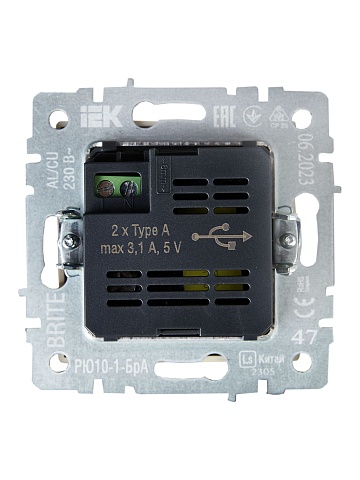 IEK BRITE Роз. USB A+A 3,1А РЮ10-1-БрА алюм.