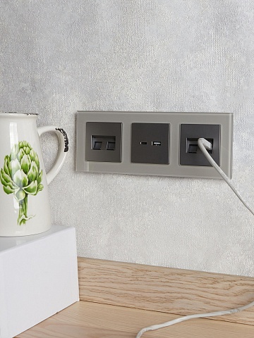 IEK BRITE Розетка двойная RJ11+RJ45 кат.5E РК/Т12-БрС сталь