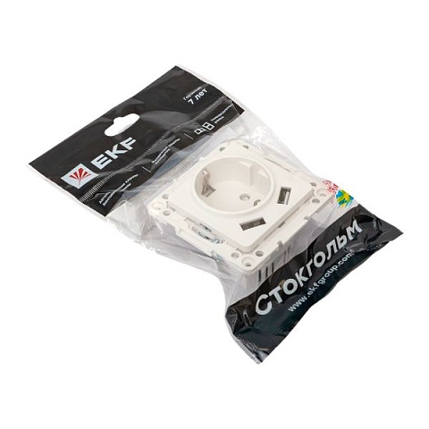 EKF Стокгольм Механизм Розетки 1-местной с/з, USB 2A 16А винтовые клеммы белый с защ. штор..