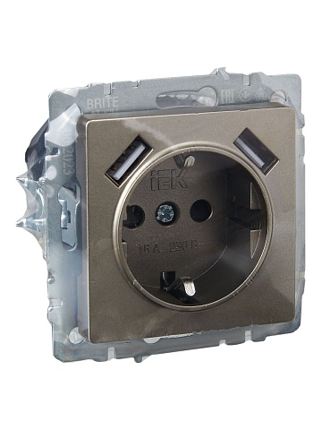 IEK BRITE Роз. с з/к/ш 16А с USB A+A 2,1А РЮш10-1-БрШ шамп.