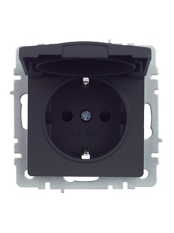 IEK BRITE Розетка 1-местная с заземлением с защитными шторками и крышкой 16А IP44 РСбш10-3-44-БрГ графит