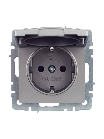 IEK BRITE Розетка 1-местная с заземлением с защитными шторками и крышкой 16А IP44 РСбш10-3-44-БрС сталь