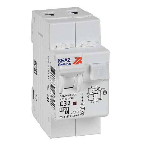 КЭАЗ АВДТ с защитой от сверхтоков OptiDin D63-22C32-AC-У3 (2P, C32, 30mA, 4,5кА)