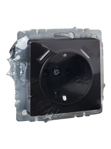 IEK BRITE Роз. с з/к/ш 16А с USB A+A 3,1А РЮш10-2-БрЧ черн.